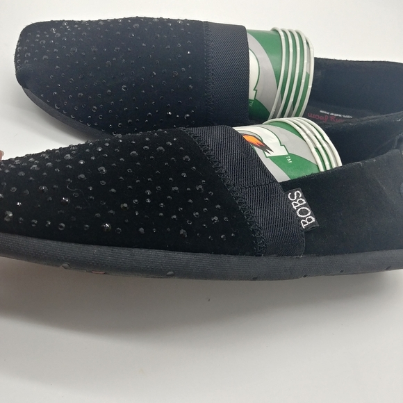 NEW BOBS Skechers | black leather suede shoes slip on rhinestone shoes black 11 - Picture 12 of 14